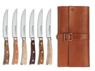 Wusthof Ikon 6-Piece Wood Steak Knife Set with Leather Knife Roll